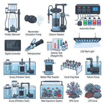 Illustration of various aquarium equipment for marine reef tank maintenance. This includes protein skimmer, wavemaker, calcium reactor, automatic doser, LED reef light, sump, refractometer.