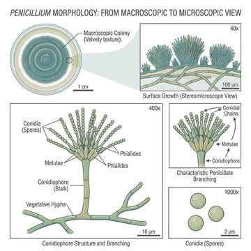 Penicillium morphology diagram, from macroscopic to microscopic view, illustrating conidiophore structure, conidia, and surface growth.
