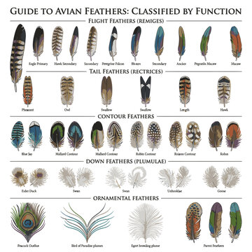 A detailed infographic illustrating different types of bird feathers classified by their function. The image showcases flight feathers, tail feathers, contour feathers, down feathers.