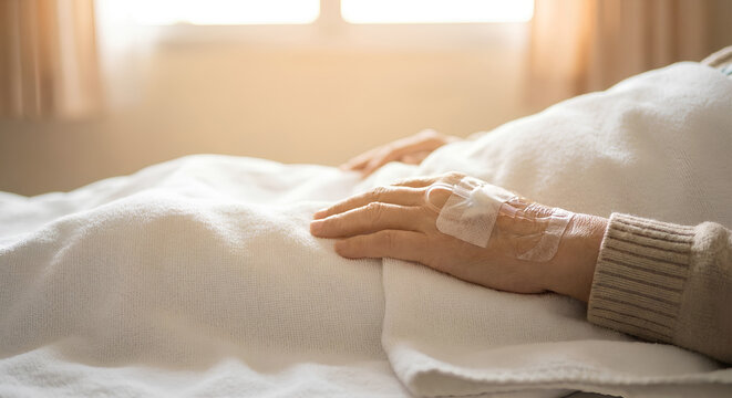 Close-up of a patient's hand with an IV drip, resting on a white blanket in a hospital bed.