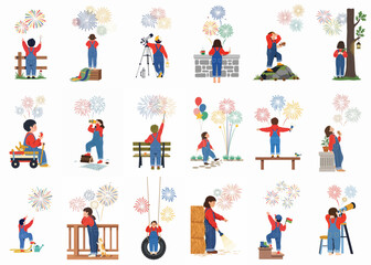 Fototapeta premium Set of vector illustrations featuring children in overalls watching colorful fireworks during festive outdoor celebrations like New Year or Independence Day.