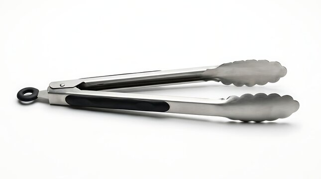 Stainless Steel Tongs with Black Grip on White Surface