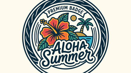 Aloha Summer Tropical Beach Hibiscus Flower Badge Design. © Chun
