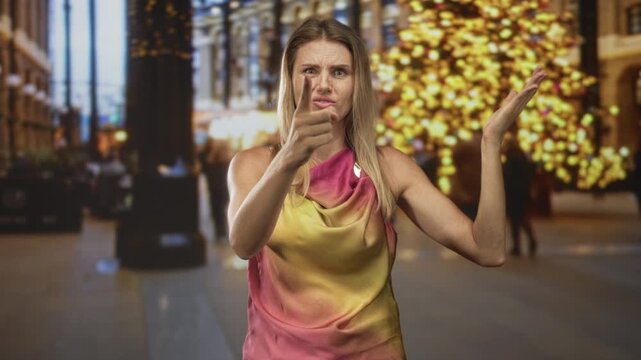 Woman blonde young caucasian points finger forward and raises palm in a busy building atrium with holiday lights and blurred shoppers; annoyance confrontation.