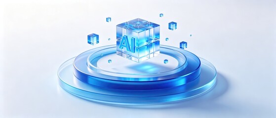 Fototapeta na wymiar Transparent AI cube floating above futuristic glass podium, abstract artificial intelligence technology showcase, clean blue 3D innovation background, idea for cloud computing