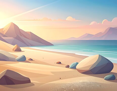 Serene beach with rocks and mountains.