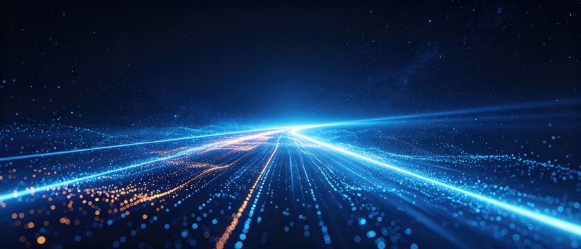 Abstract futuristic data wave stream with glowing blue light trails, digital network flow, big data technology background, idea for AI computing and cloud infrastructure