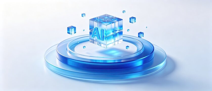 Transparent AI cube floating above futuristic glass podium, abstract artificial intelligence technology showcase, clean blue 3D innovation background, idea for cloud computing