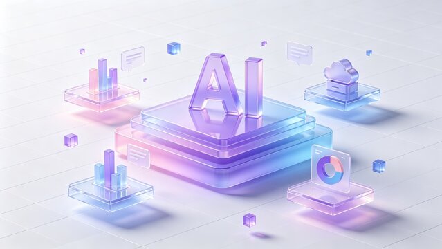 Transparent AI platform interface with cloud computing, business analytics dashboard, data visualization and digital communication, idea for artificial intelligence technology presentation
