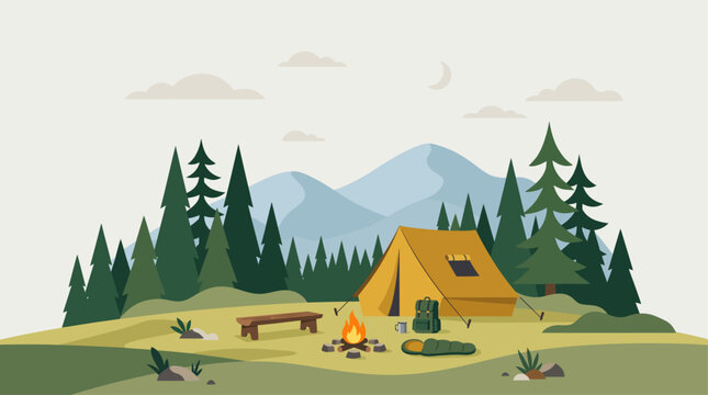 Minimalist flat mountain camping landscape background with outdoor tent pine forest banner