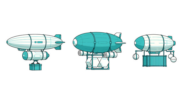 Three different cartoon style blimps or airships with gondolas, isolated on white background.
