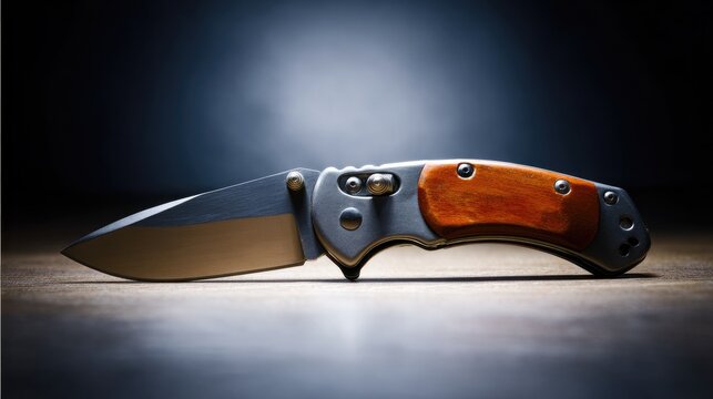 A folding knife with its blade retracted into a polished wooden handle.