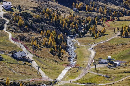 Kirchsteiger and Meraner H&uuml;tte in autumnal landscape, Merano 2000 skiing and hiking area, near Merano, South Tyrol, Italy
