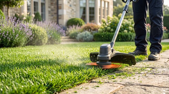 Close-up of a gardener using a string trimmer to cut grass along a stone path in a landscaped yard near a house on a sunny day.