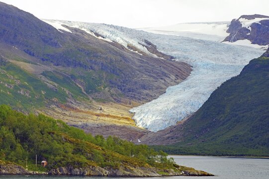 Svartisen glacier tongue and fjord, climate change, FV 17, Kystriksveien, Nordland, Norway
