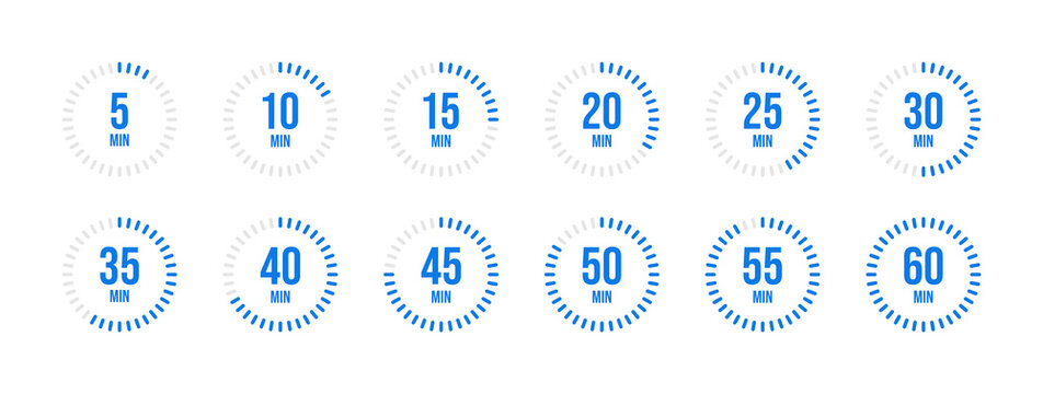 Blue Minutes Timer Clock Icon Set Download. Editable Circular Progress Countdown Vector Symbols. 5 to 60 Minutes Radial Chronometer Graphic Elements.