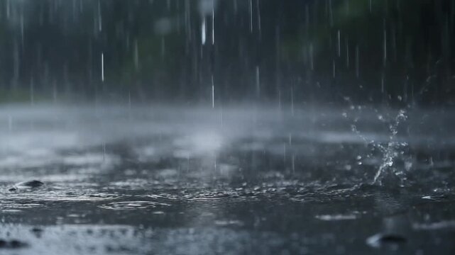 Cinematic close-up footage of intense rain falling into a puddle on wet asphalt, creating rhythmic splashes. Ideal for atmospheric, relaxing, or nature-themed background projects.