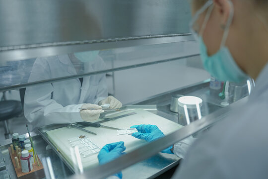 Scientist working inside flow biosafety cabinet. Pathologist team preparing tissue biopsy cassettes for histology processing. Scientists  handling medical samples in sterile laboratory hood.