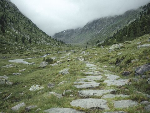 Historical sower's path along which Holocaust survivors travelled from Austria to Italy in 1947 in order to embark for Palestine, Krimmler Tauern, Pinzgau, Salzburg, Austria