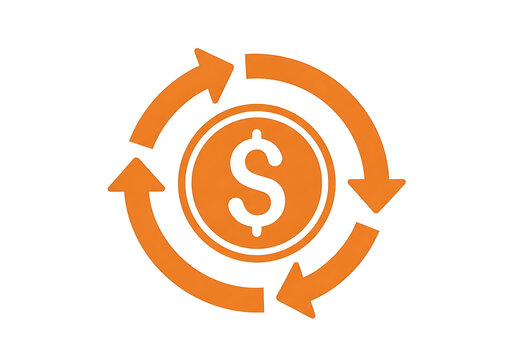 Orange dollar coin icon with circular rotating arrows currency business exchange transfer investment circular financial marketing transaction