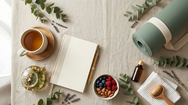 A serene morning setup with yoga mat, tea, and healthy snacks on a table indoors.