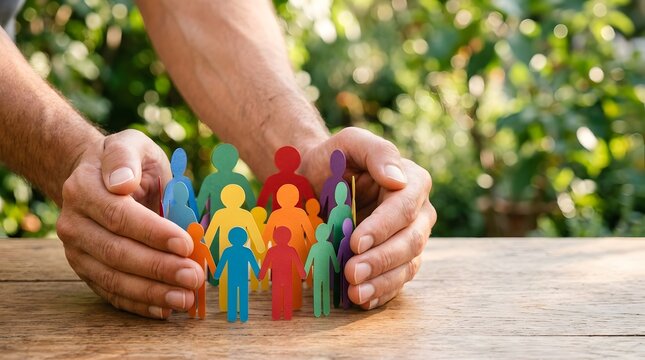 Family life insurance and community protection concept with hands sheltering paper family figures