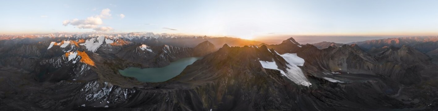 Evening mood, mountain panorama, aerial view, 4000 metre peak with glacier, mountain pass and mountain lake Ala-Kul Lake, Tien Shan, Kyrgyzstan