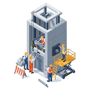 Construction workers assembling industrial elevator in isometric style.