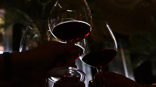 Friends raising and clinking red wine glasses in celebratory toast