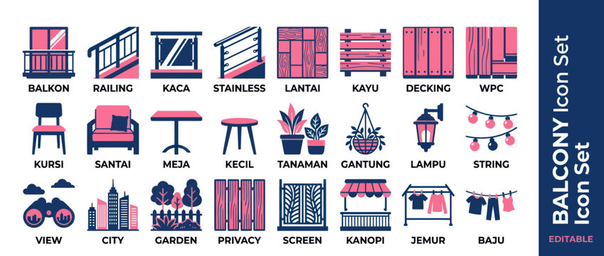 Balcony Icon Set: Furniture, Decor, and Elements for Outdoor Living