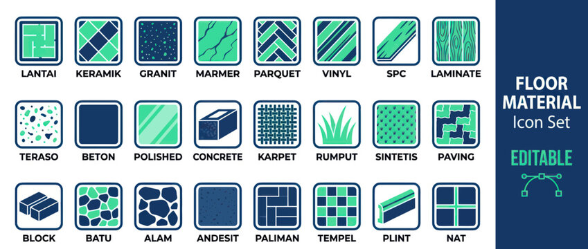 Floor Material Icon Set: Tiles, Wood, Stone, Concrete, Grass, Carpet, Paving