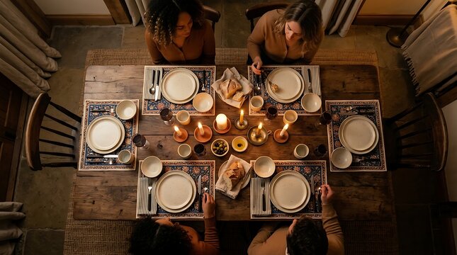 Friends enjoying a cozy dinner by candlelight at a wooden table