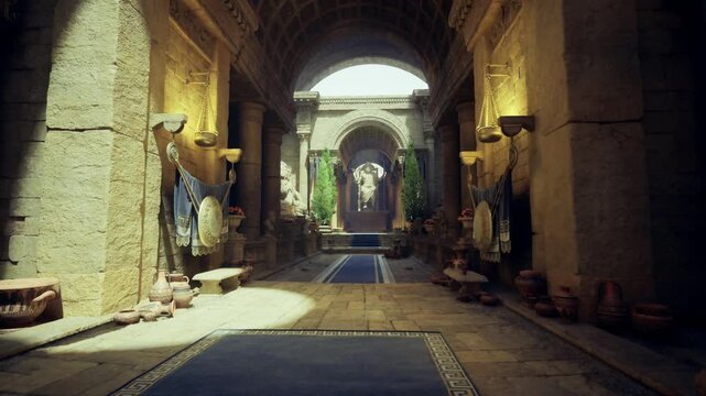 sunlit gallery lined with artifacts and colored shields, wooden benches and pottery displays, arches framing handcrafted pieces, warm daylight highlighting