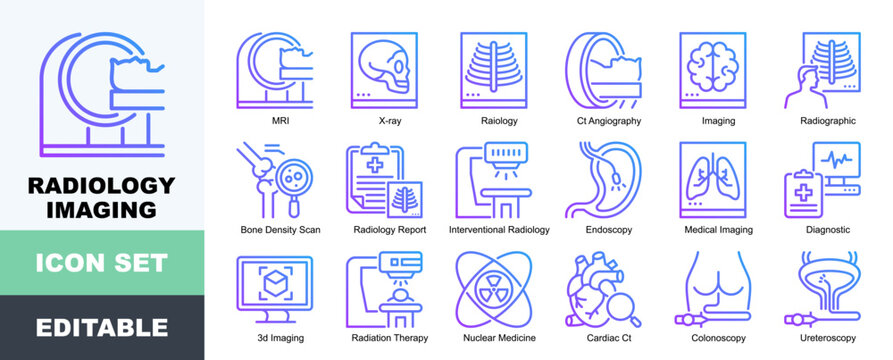 Radiology Imaging Icon Pack Featuring MRI, X-ray, Ct Angiography, Imaging, Radiographic, Bone Density Scan, Radiology Report, Interventional Radiology, Endoscopy