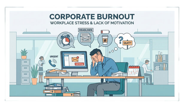 Untitled design - 2Illustrate a premium flat vector concept showing workplace burnout and emotional exhaustion in a modern office setting, isolated on a solid white background. Feature a tired profess