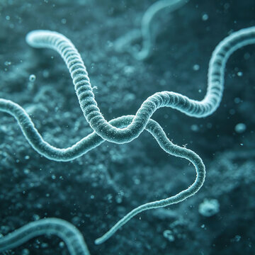 Scanning electron micrograph of *Treponema pallidum* (the spiral-shaped pathogen that causes syphilis); clinical microbiology microscopy image.