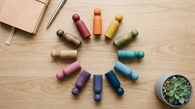 Diverse team unity and equality concept shown by colorful wooden figures arranged in a perfect circle on contemporary office desk