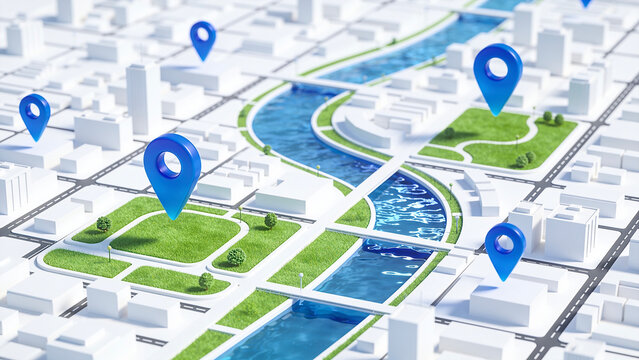 3D abstract city map navigation with blue location pin pointers, streets, river and green parks