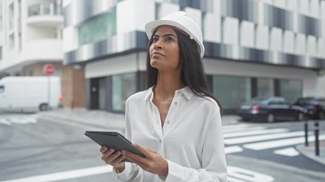 Woman architect in hardhat holds tablet and looks up at building, assessing facade; focus competence.