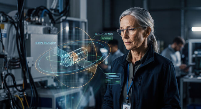 Aerospace Engineer Inspecting Detailed 3D Satellite Wireframe Hologram