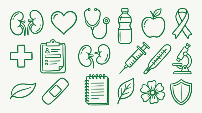 Collection of medical and healthcare icons in a simple green outline style on a light background.