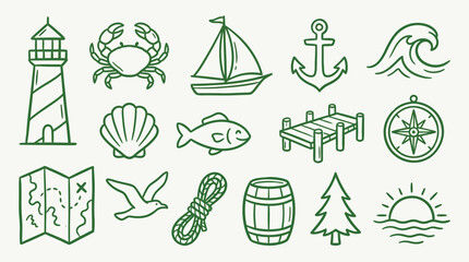 Fototapeta premium Collection of nautical and maritime icons in a simple line art style.