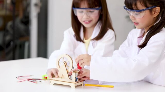 Asian Schoolgirls in Lab Coats Conducting STEM Physics Experiment