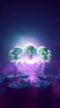 Five Stylized Green Skulls Arranged Symmetrically In Front Of Glowing Pink Energy Sphere 3D Render