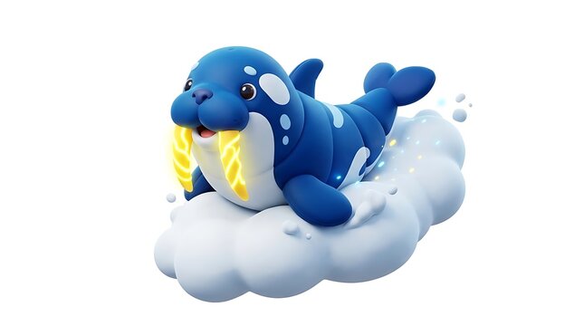 Cute 3d fantasy sea creature with glowing tusks on a cloud