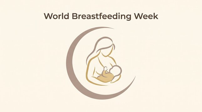Simple and soft line art logo for World Breastfeeding Week with mother and baby in a crescent moon