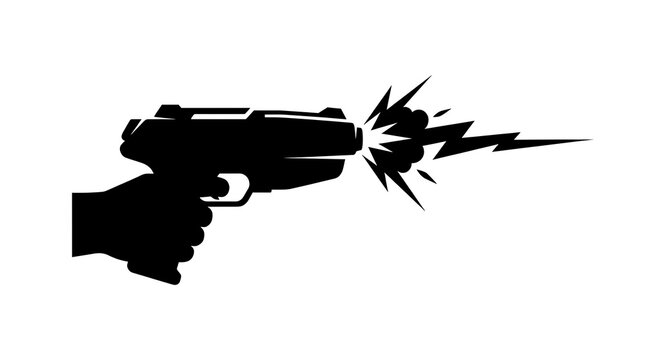 Silhouette of a hand firing a handgun with flash