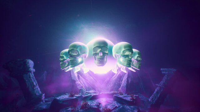 Five Stylized Green Skulls Arranged Symmetrically In Front Of Glowing Pink Energy Sphere 3D Render
