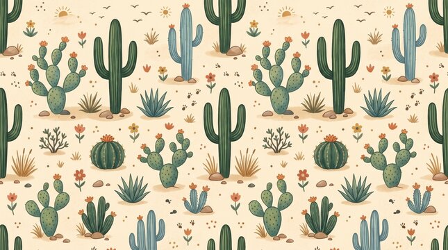American pattern of desert cactus and southwestern flora with american southwestern succulent seamless botanical