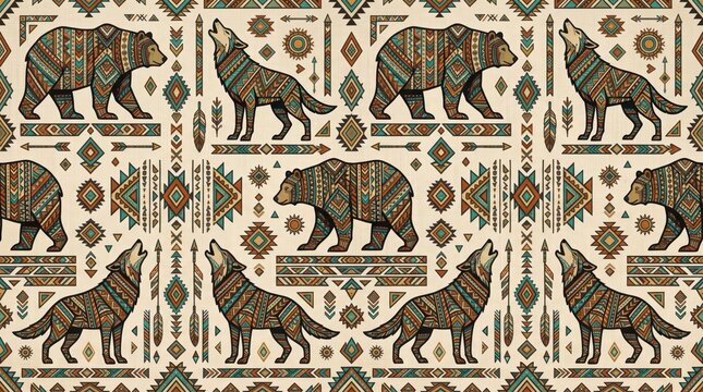 American pattern of geometric tribal bear and wolf silhouettes with american geometric wildlife seamless traditional